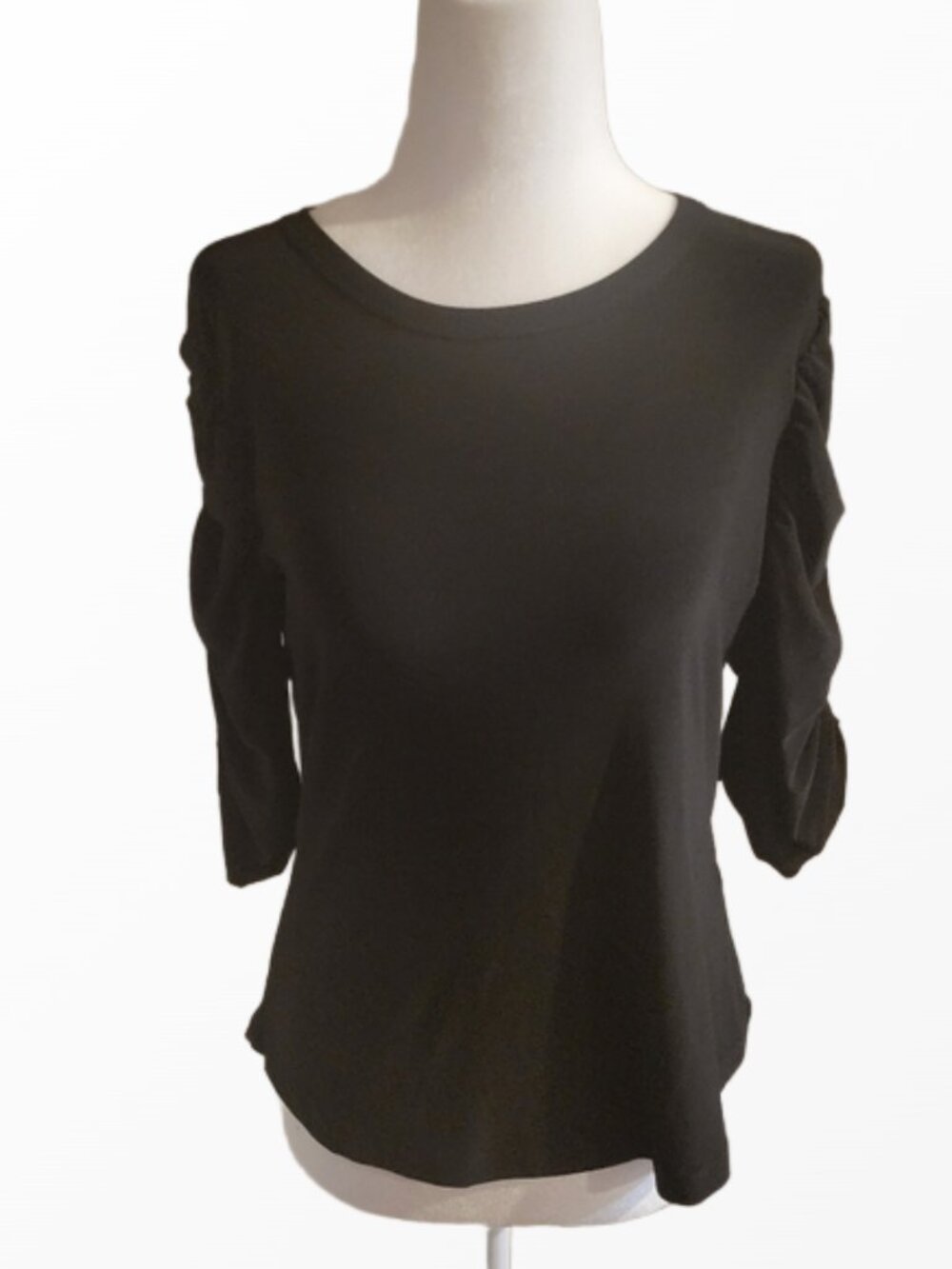 DKNY Solid Black Ruched Sleeves 3/4 Sleeve Top Clubwear Party Workwear | PM